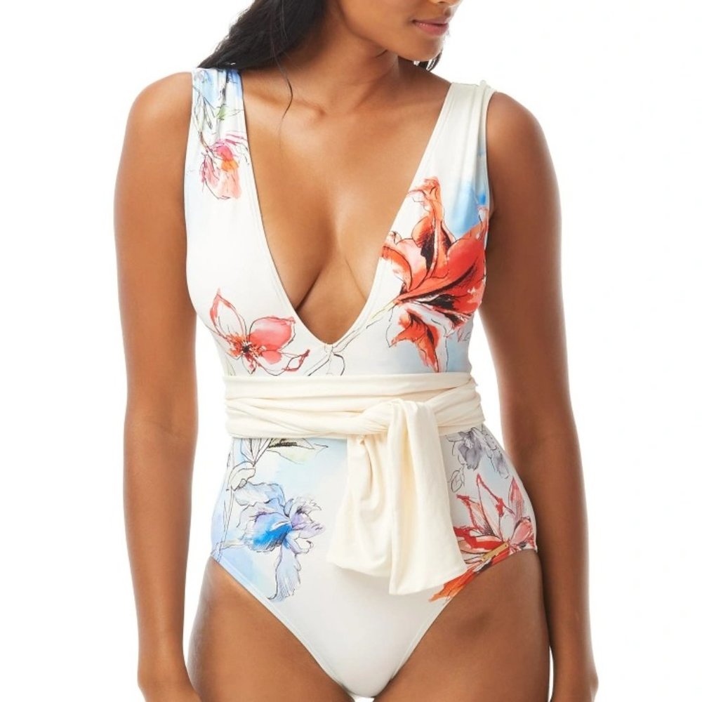 VINCE CAMUTO BELTED PLUNGE V-NECK ONE PIECE SWIMSUIT - BRIGHT FLORAL(✿◡‿◡)